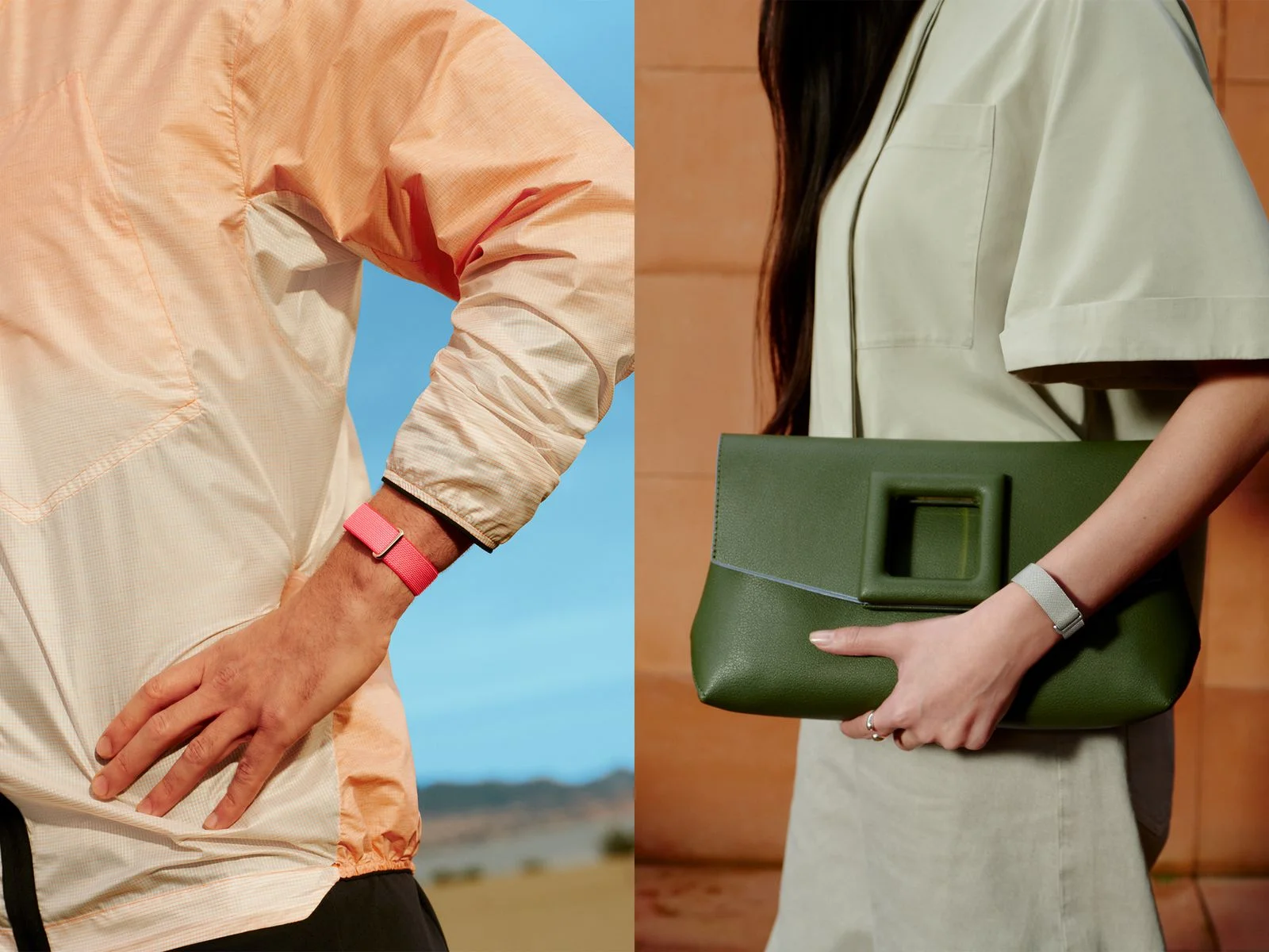 Person wearing peachcolored windbreaker with matching smart watch on their wrist. Person holding dark green purse by...