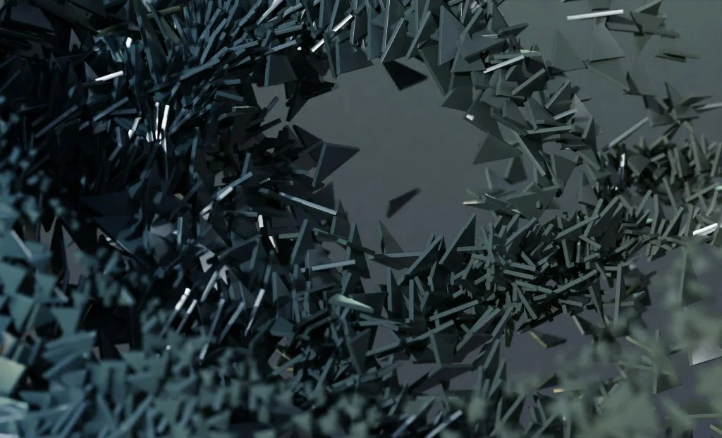 Abstract dark digital artwork featuring sharp geometric shards and 3D triangles fracturing around a central void, evoking a sense of tension and structural failure.