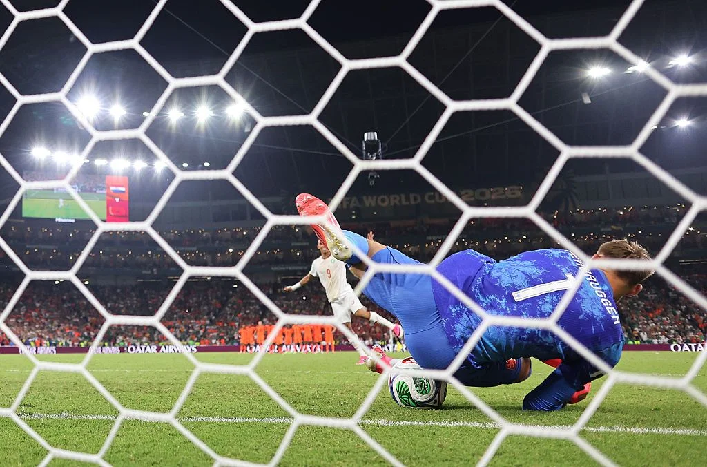 A penalty kick during the Netherlands round of 32 match against Morocco.