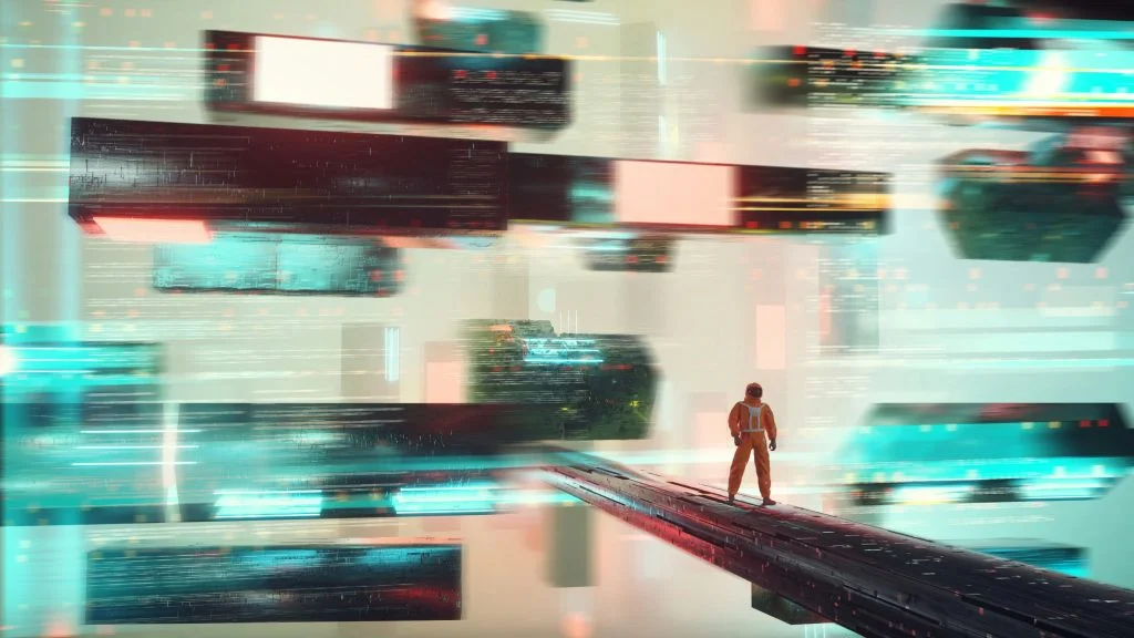 Astronaut standing on floating platform amid abstract digital data blocks