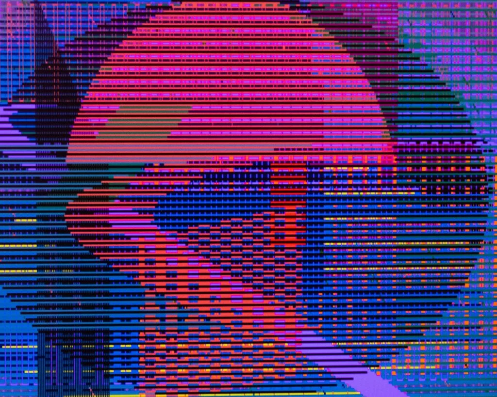 Abstract glitch art featuring datamoshed horizontal scan lines in vivid red, magenta, blue, and purple, resembling a corrupted digital signal