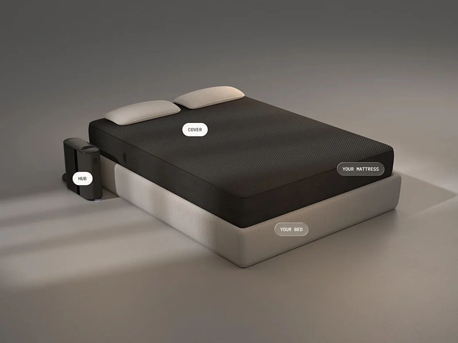Minimalist bedframe with black cover on a mattress 2 white pillows and a black cylindrical device beside the top left of...