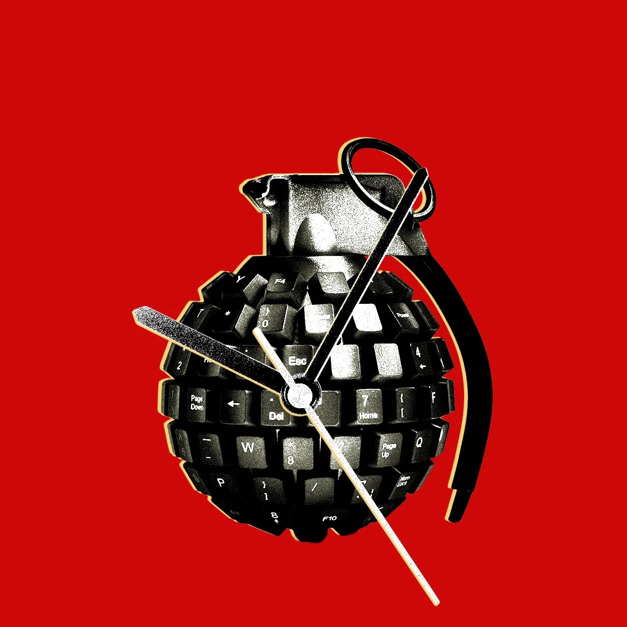 Illustration of a grenade made up of keyboard keys with hands of a clock