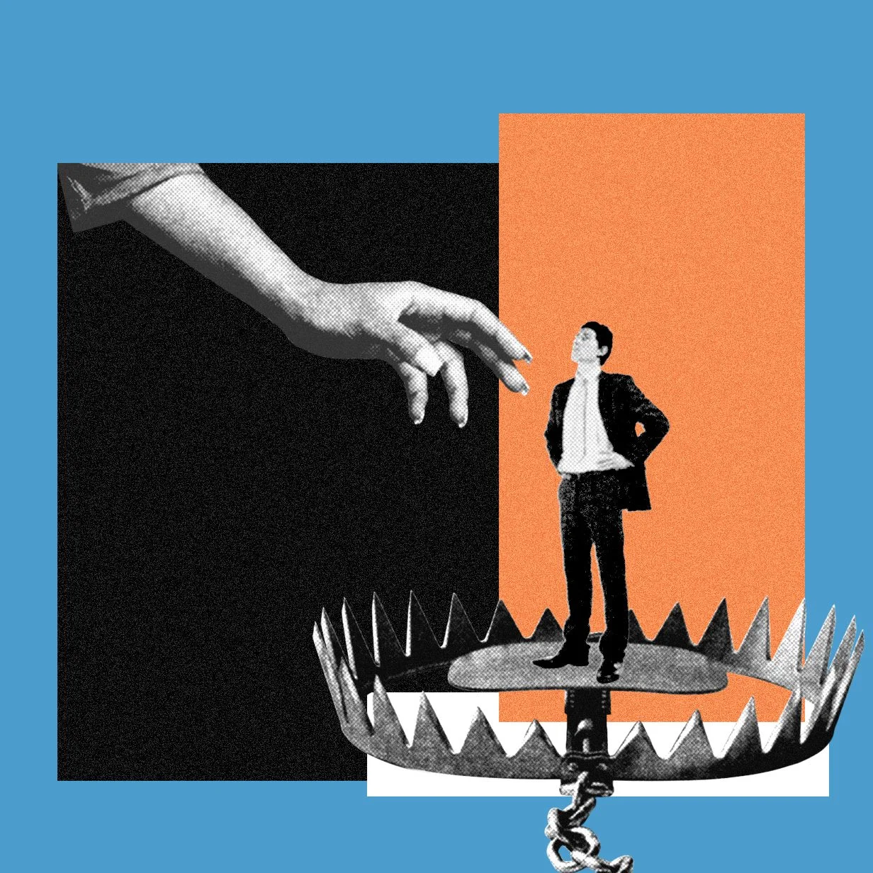 Someone's hand reaching for a man in a bear trap.