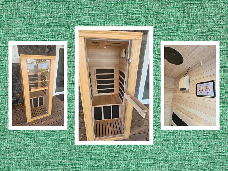 Front and inside views of a wooden sauna installed on the back deck of a house. Background: green fabric texture.