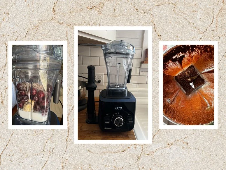 Front views of the Vitamix Ascent X2, a blender with a black square base and large clear container. Left: blending ingredients for a smoothie. Center: empty. Right: blending chile powder. Background: beige marble texture.
