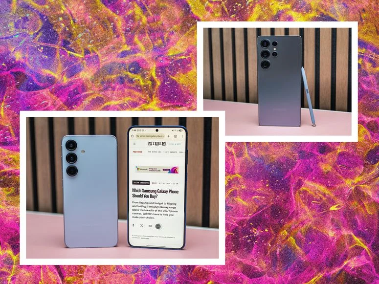 Left: The camera side of a Samsung Galaxy S25 beside S25 Plus phone showing the screen. Right: Rear view of a Samsung Galaxy S25 Ultra, showing the cameras and stylus. Background: pink and yellow cosmic gel. 