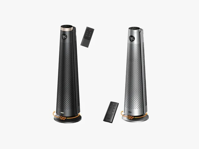 Dreo Solaris 718 a coneshaped space heater with remote shown in black and in silver