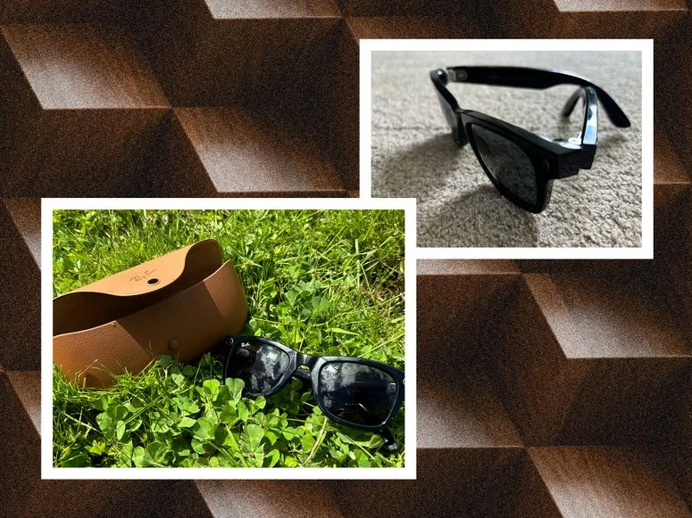 Left: Black sunglasses and a brown carrying case sitting in the grass. Right: Closeup side view of black sunglasses. Background: 3D wooden cubes.