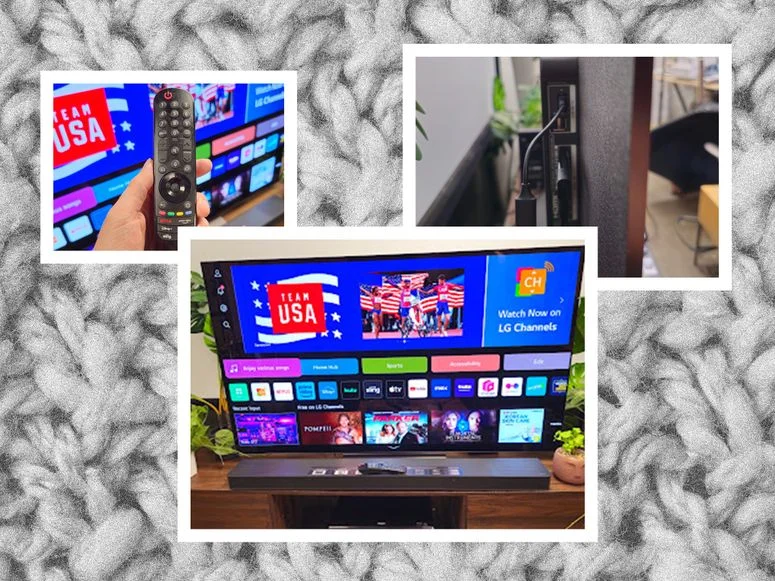 From left to right: a hand holding tv remote, a large screen tv, and the side ports of a large screen tv