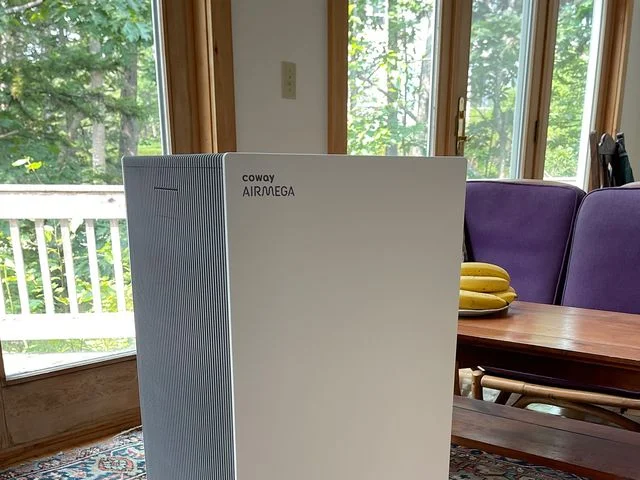 Coway Airmega ProX, a large white rectangular air purifier, sititngon a patterned rug in the middle of a room with large windows behind it