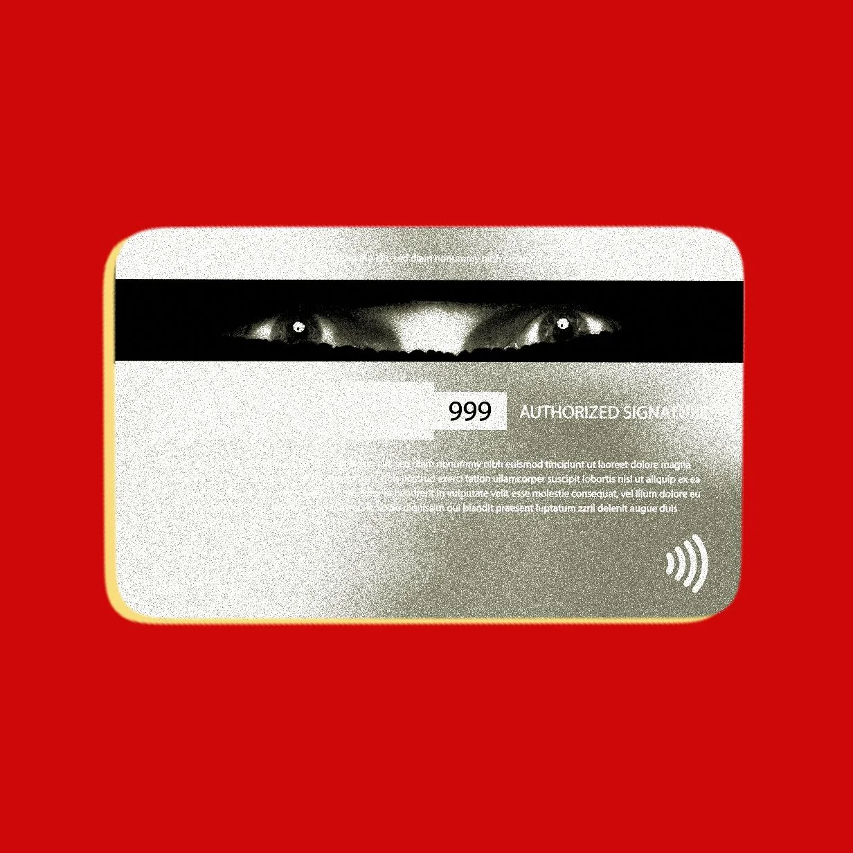 An illustration of the back of a credit card with a masked face peeking through the magnetic strip.