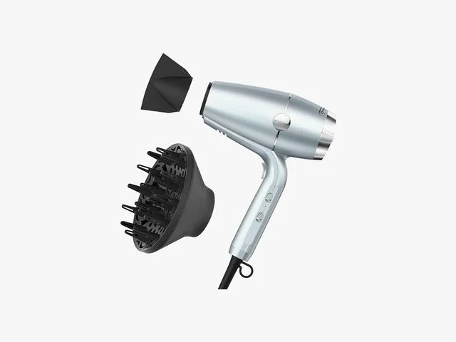 Conair InfinitiPRO SmoothWrap Hair Dryer, a silver device with cylindrical barrel, narrow handle, and two attachments beside it