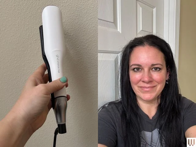 Hand holding the GHD Chronos Max Hair Straightener beside a selfie of a person with long black hair after using the hair straightener, softly smiling while wearing a black shirt